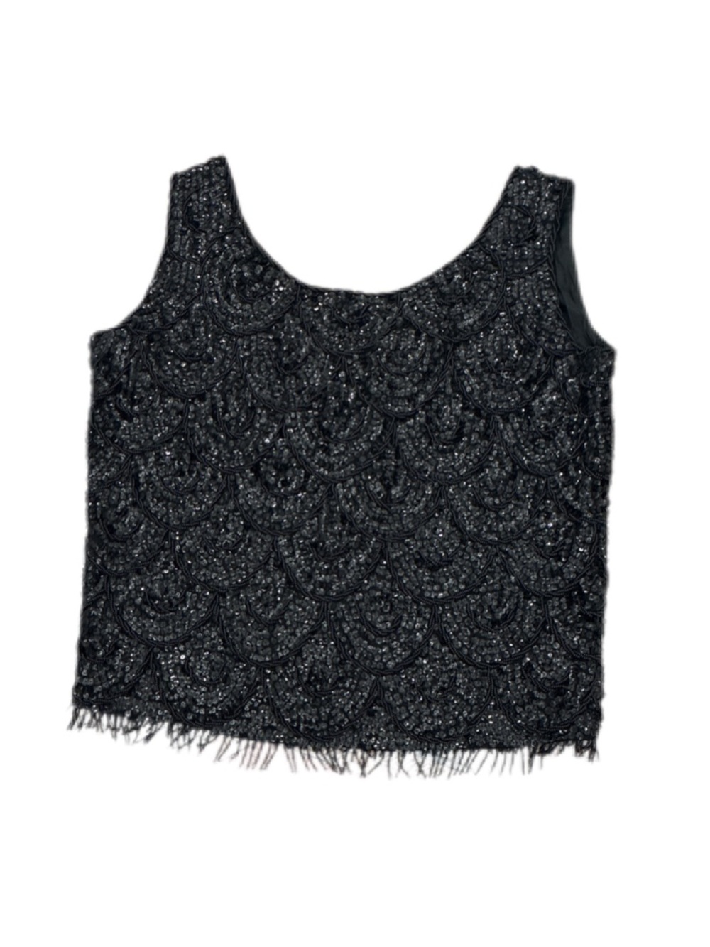 Black Beaded Scallop-Detail Sleeveless Tank Top